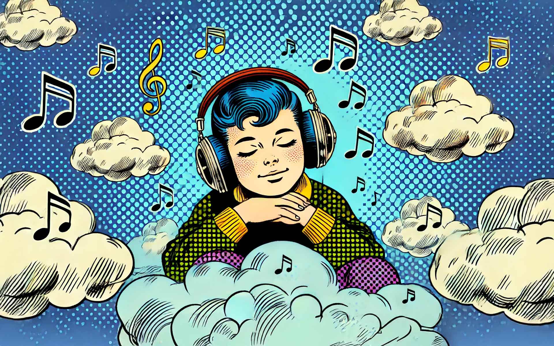 Illustrazione in stile pop art di un bambino con le cuffie, immerso tra le nuvole e note musicali, simbolo della mente che vaga, tipico dell’ADHD