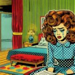Illustrazione in stile pop art di una donna che affronta il rifiuto social con ADHD e autismo piangendo nella propria camera.