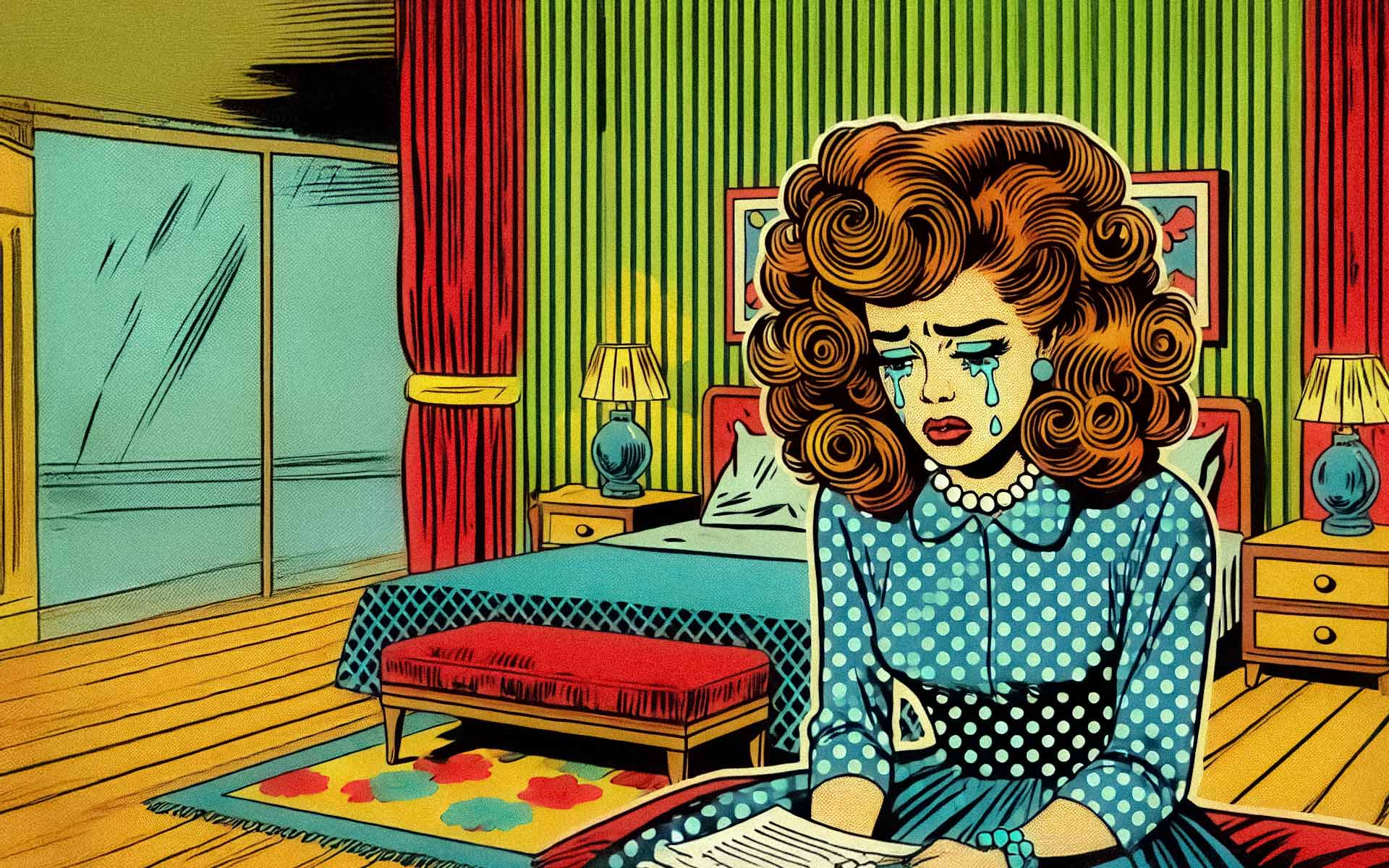 Illustrazione in stile pop art di una donna che affronta il rifiuto social con ADHD e autismo piangendo nella propria camera.